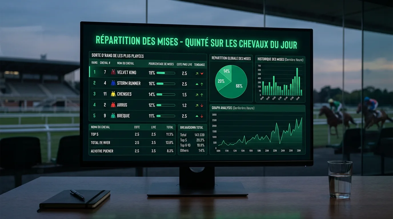 Tableau des cotes PMU affichant la répartition des mises sur les chevaux du Quinté du jour avec pourcentages de popularité