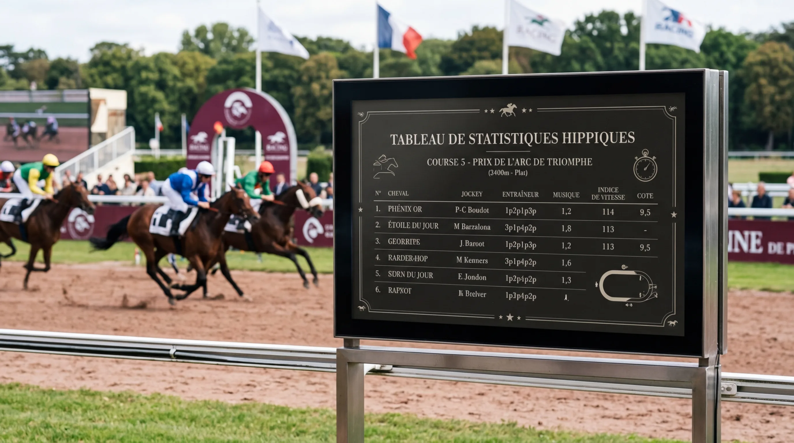 Tableau de statistiques hippiques affichant coefficient musique et indices de vitesse sur écran de contrôle en bord de piste