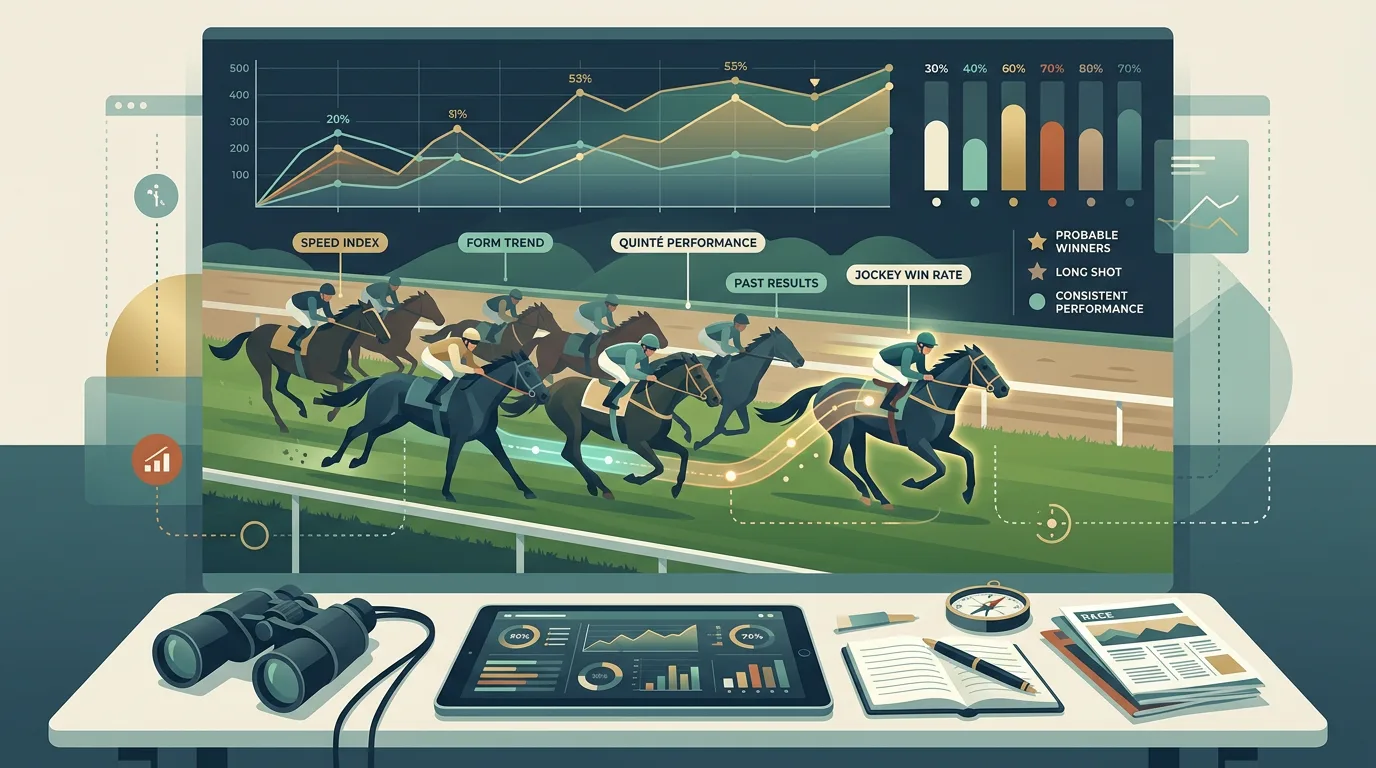 Tableau de données statistiques avec courbes de performance superposées à un peloton de chevaux en pleine course sur piste en herbe