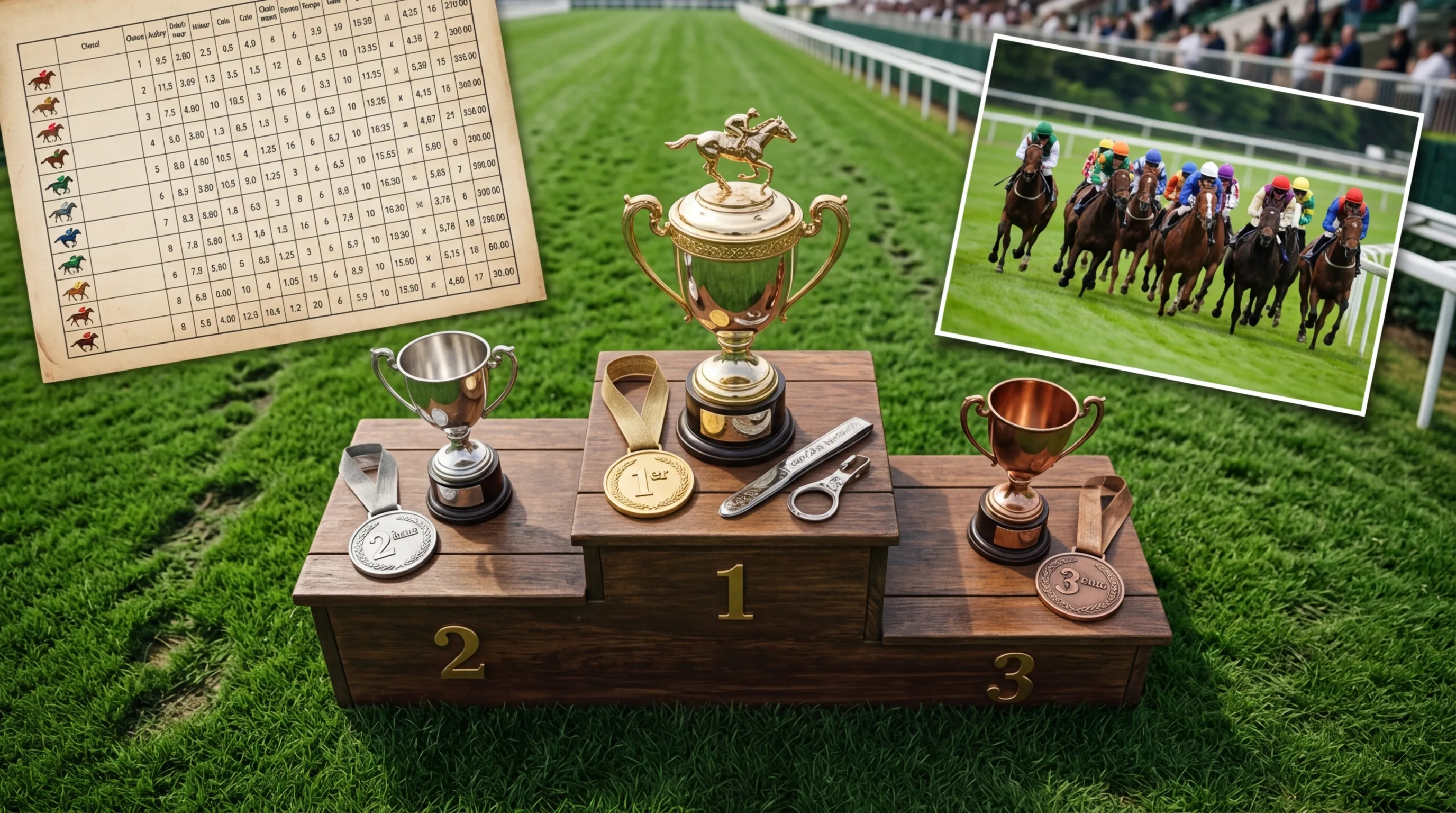 Tableau de données statistiques turf avec colonnes d'indicateurs chiffrés superposé à une photo de peloton de chevaux en course