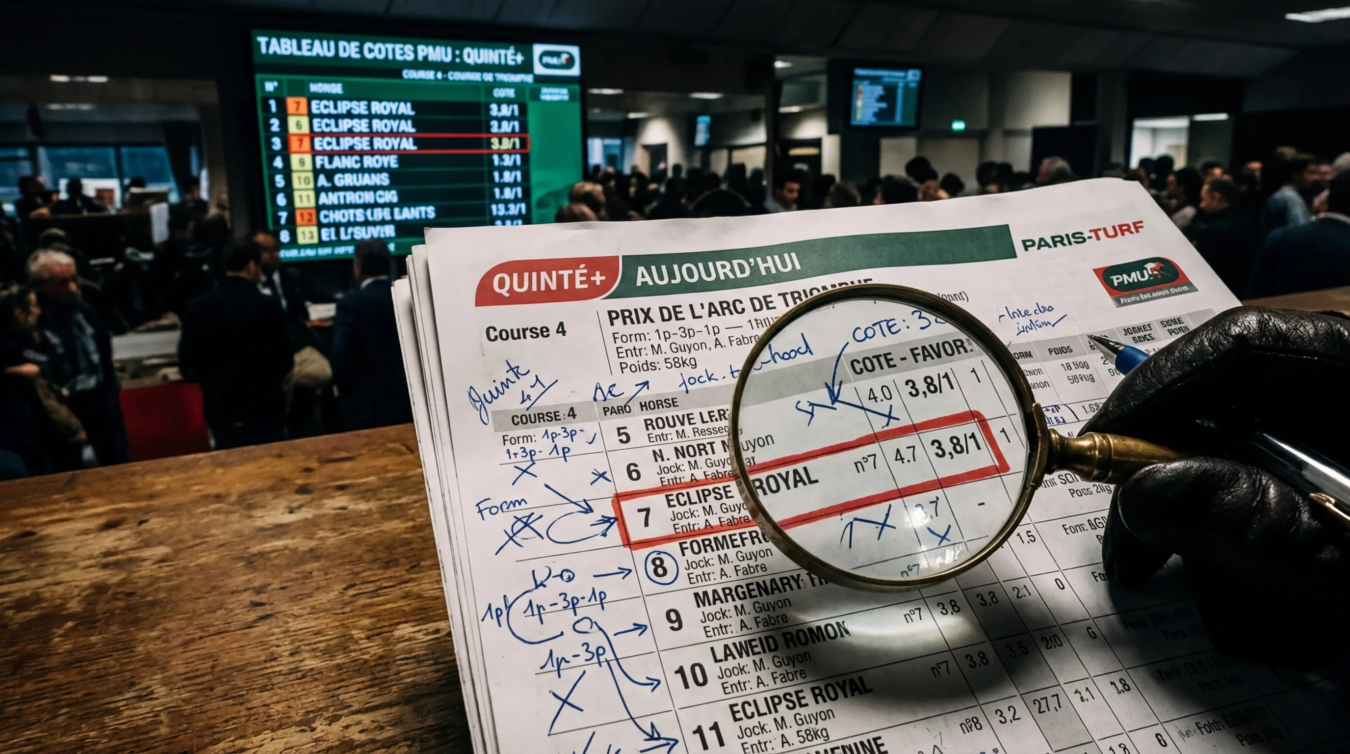 Tableau de cotes PMU affichant le favori du Quinté+ encadré en rouge sur un écran d'hippodrome