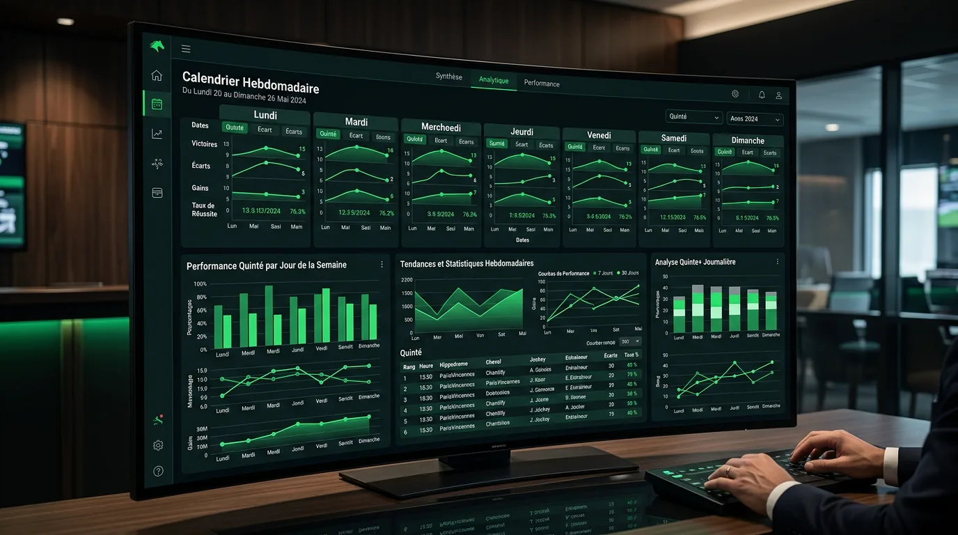 Calendrier hebdomadaire superposé à un tableau de statistiques hippiques avec des courbes de performance par jour
